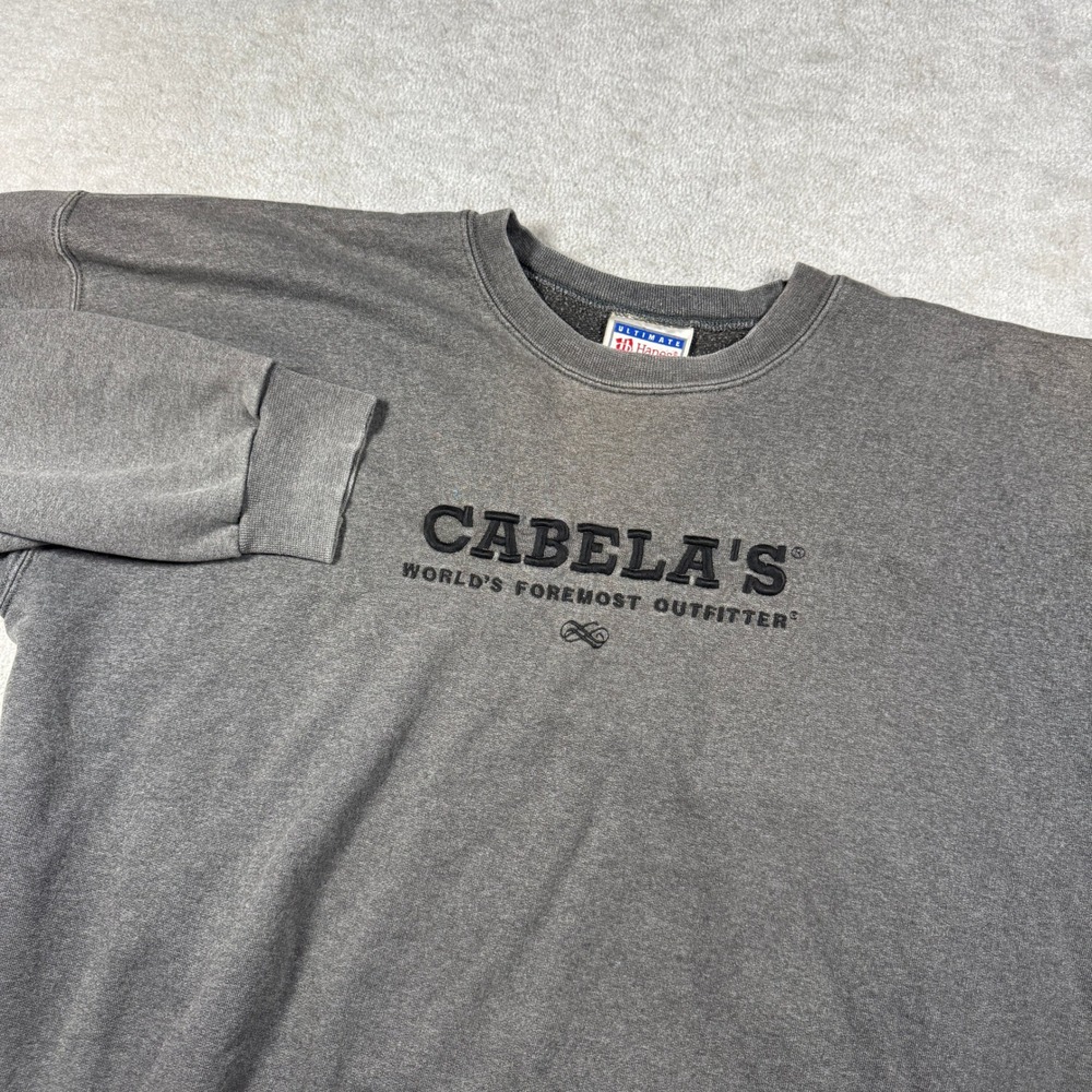 Cabelas Sweatshirt Mens XL Gray Hanes Ultimate Cotton Embroidered Logo Pullover